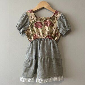 Handmade Children's Cotton Linen Green Multicolour Lace Square Neck Dress